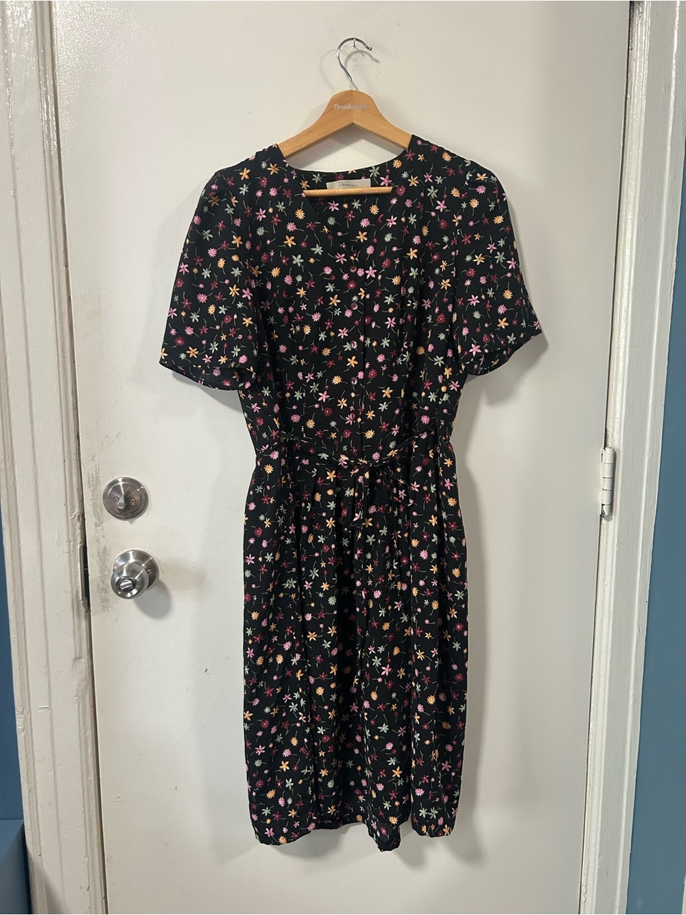 90’s Black Floral Tie-Waist Midi Dress - Pink & Yellow Print